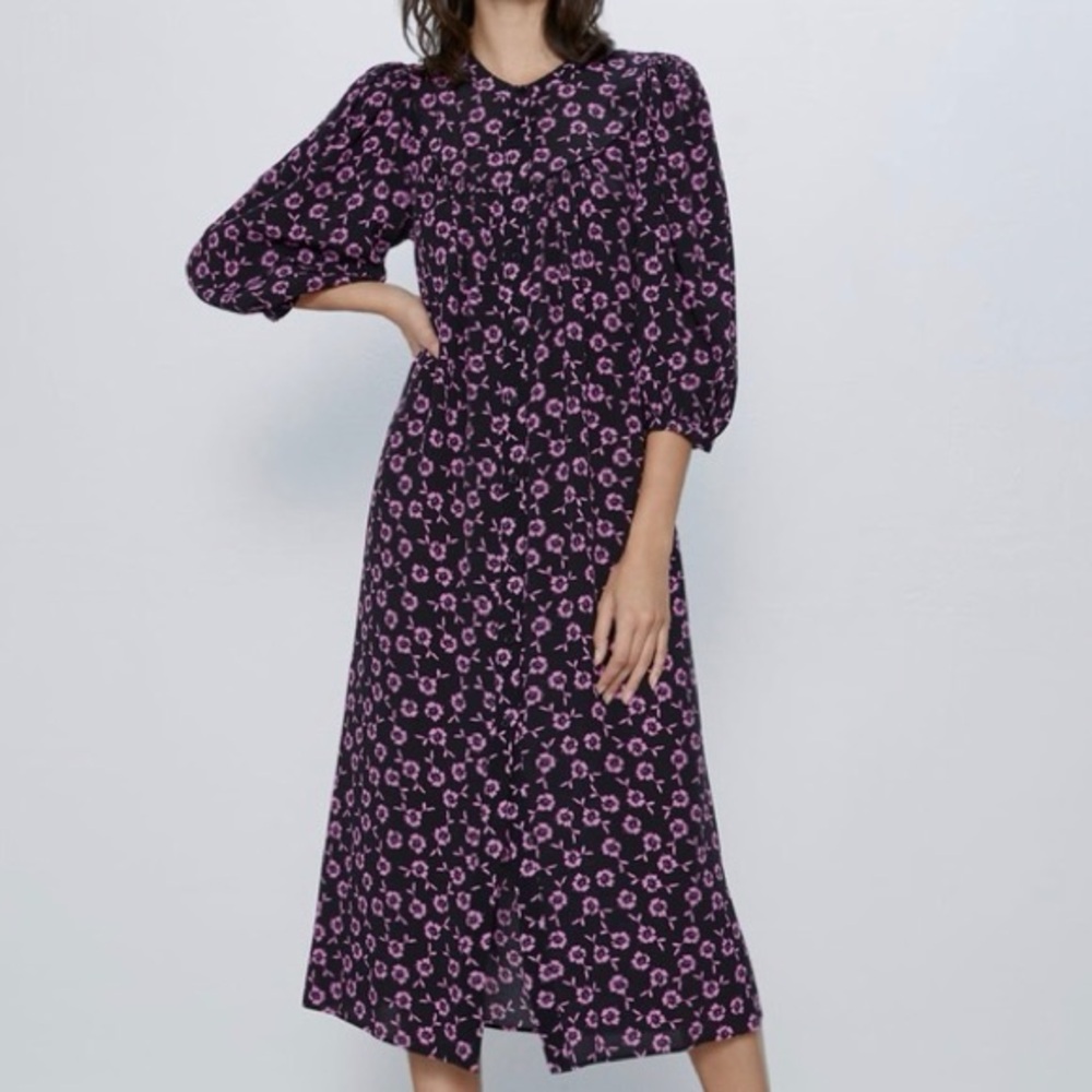 Zara Black Midi Dress with Pink Floral Print